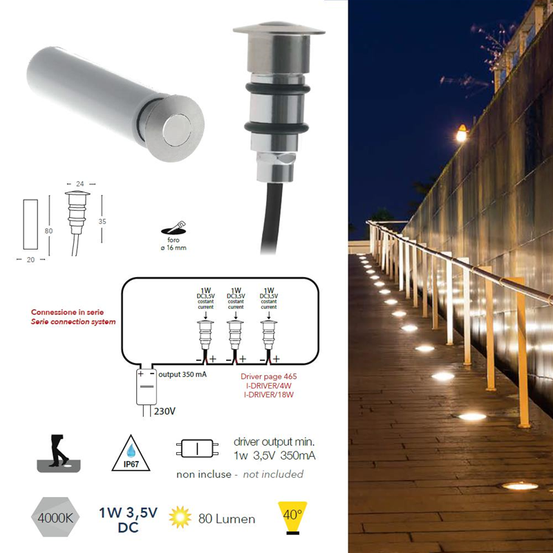 Faretti led incasso pavimento esterno 1W 3,5Vdc 80LM 4000K - Fan